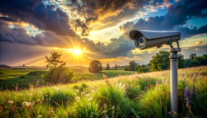 A security camera stands in a vibrant green field under a dramatic sunset sky with golden light.