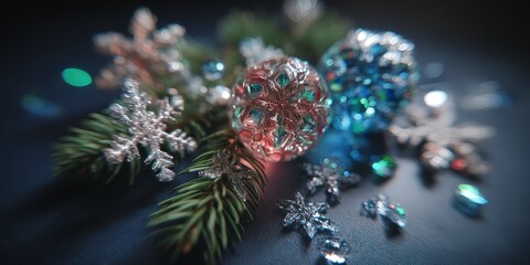 Fototapeta premium Festive arrangement of glittery snowflakes pine branches and ornate glass baubles