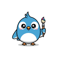 Cute Blue Bird Cartoon Character Holding a Paintbrush.