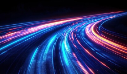 Curved highway with vibrant streaks of neon blue and pink light trails creating a dynamic and futuristic visual effect at night