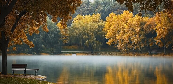 Calm autumn landscape with golden trees reflecting on still lake water and empty bench under tree by the shore - Powered by Adobe