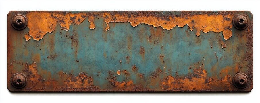 Rectangular metal plate with blue paint and extensive rust and peeling texture secured by four rusty screws at corners against white background