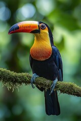 Obraz premium Colorful toucan perched on a moss-covered branch in a lush green forest with a blurred natural background