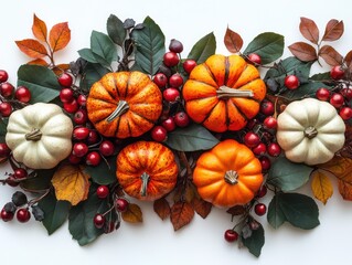 Arrangement of small orange and white pumpkins with dark green leaves, red berries, and orange autumn leaves on white background