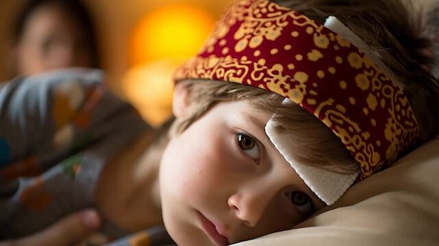 Sick Child with Fever and Bandage on Forehead.