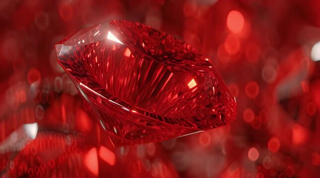A faceted, gemstone-like object with a rich red hue is the focus against a blurred backdrop of complementary reds, showcasing brilliance