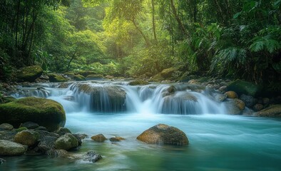 Naklejka premium Peaceful flowing river cascading over moss-covered rocks surrounded by lush green tropical forest under soft sunlight