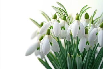 Fototapeta premium Close-up of delicate white snowdrop flowers with green accents and slender green leaves against a soft white background