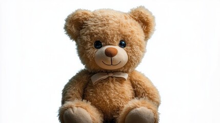 Obraz premium Close-up of a soft brown teddy bear with a smiling face and a bow tie sitting against a bright white background conveying warmth and comfort