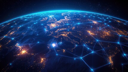 View of Europe at night from space showing illuminated cities connected by a network of glowing blue lines symbolizing digital connectivity and communication
