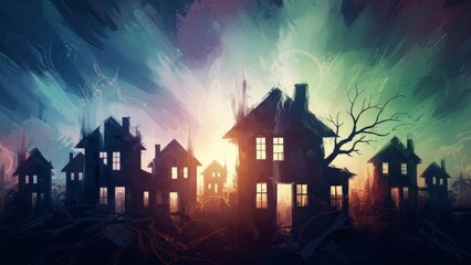 A surreal painting of dilapidated houses under a colorful, swirling, ethereal sky, with glowing windows.