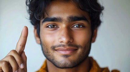 Portrait of a young man with dark hair and beard smiling gently with a calm and confident expression while raising his index finger