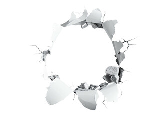 A grayscale depiction of a circular hole revealing a dark void, surrounded by fragmented debris