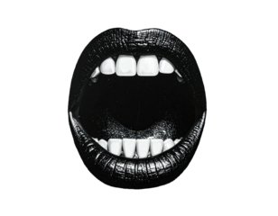Black and white image of open mouth with dark lipstick and bright white teeth against a black backdrop