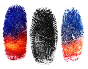 Three colorful fingerprints, one grayscale, placed on a stark black background