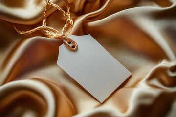 Blank white rectangular tag with gold string placed on shiny golden satin fabric with soft folds and smooth texture
