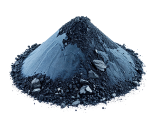 A close-up shot of a dark-colored pile of powder and small rocks against a black backdrop