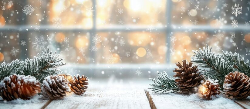 Snow-covered pine cones and evergreen branches on a wooden surface with soft glowing lights and delicate snowflakes falling against a window background creating a cozy winter atmosphere - Powered by Adobe