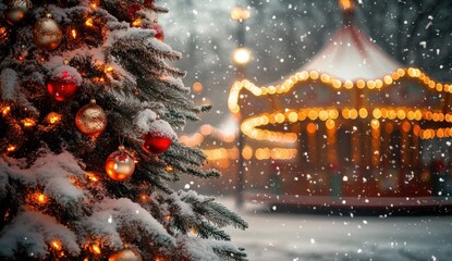 Snow-covered Christmas tree decorated with red and gold ornaments and glowing lights with a blurred carousel illuminated by warm lights in the snowy background