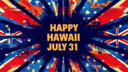 Colorful explosion of red, blue, and white stars and stripes radiating outward with bold orange text in the center celebrating Hawaii on July 31st