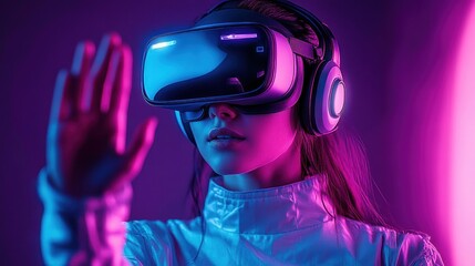 young woman immersed in virtual reality experience wearing vr headset and headphones reaching out with glowing purple and blue lighting