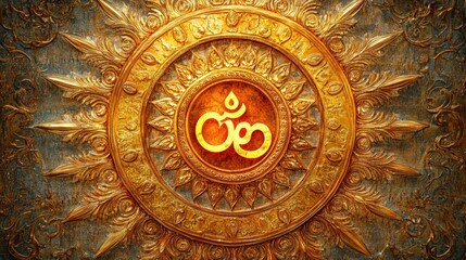 Fototapeta premium ornate golden circular design with sunray patterns and a central glowing symbol on textured metallic background evoking spiritual and ancient craftsmanship
