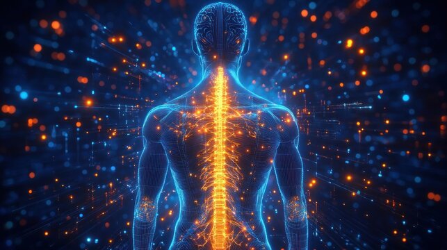 Digital illustration of a human figure highlighting the spine and nervous system with glowing neural pathways and a brain in a futuristic, luminous environment - Powered by Adobe
