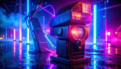 Futuristic device with glowing red lens illuminated by vibrant neon blue and pink lights on a reflective wet surface.