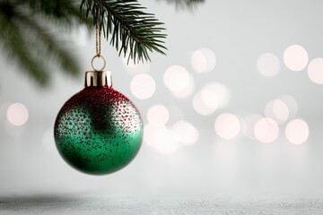 Green glitter Christmas ornament hangs from a pine branch soft bokeh lights in background