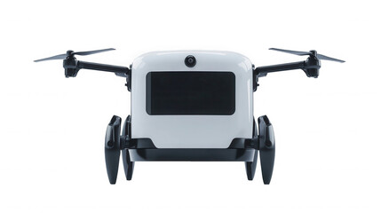 A front view of a white and black drone with propellers against  in a studio shot on transparent background