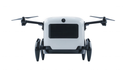 A front view of a white and black drone with propellers against  in a studio shot on transparent background