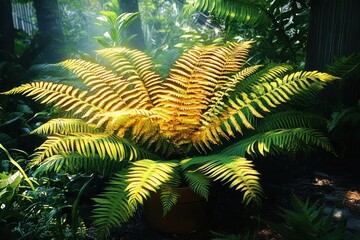 vibrant golden fern plant in a pot illuminated by sunlight in a lush green garden setting