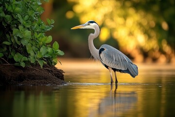 A graceful large heron standing in shallow water near green leafy plants with a golden blurred forest background and calm reflective surface