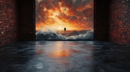 silhouette of a person standing on turbulent ocean waves beneath a dramatic fiery sky viewed through a large brick-walled modern gallery window reflecting on a polished dark floor