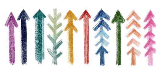 Collection of colorful sparkling arrows pointing upwards isolated on transparent background