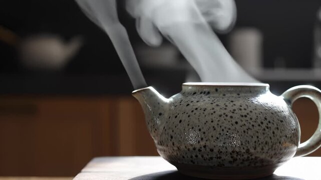 Steaming Tea Rising From Ceramic Teapot on Wooden Table