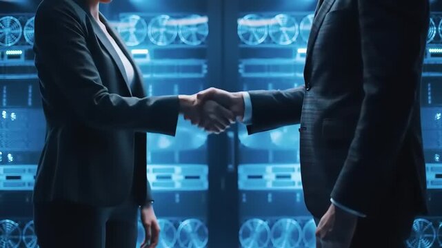 Business handshake with server room background.