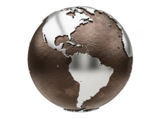 Metallic bronze and silver globe with Americas on transparent background
