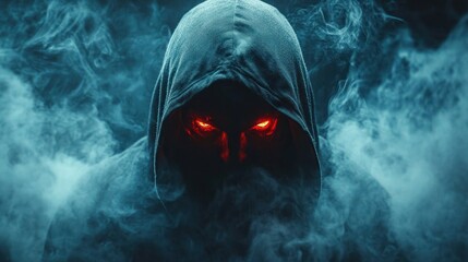 Mysterious figure with glowing red eyes partially hidden under dark hood surrounded by dense swirling smoke, evoking ominous and intense atmosphere