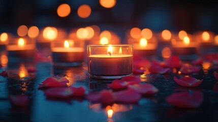 Glowing tealight candles arranged with scattered rose petals creating a warm, peaceful, and romantic ambiance in low light