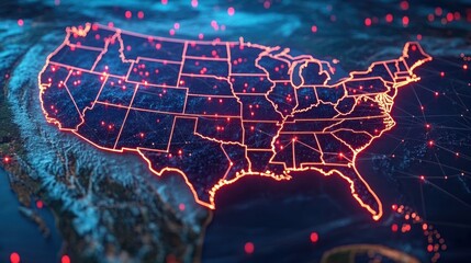 Glowing digital map of the United States with state boundaries highlighted in neon orange and red connection nodes across the country against a dark, textured background