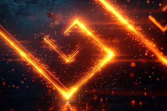 Glowing neon orange geometric shapes forming abstract squares on a dark textured background with particles and light effects creating a futuristic atmosphere - Powered by Adobe