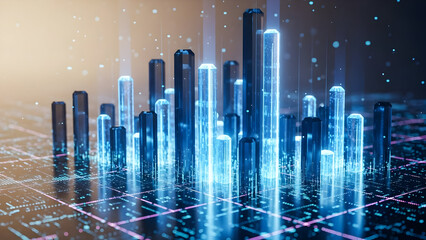Stunning digital bar chart visualization showing explosive growth data streams rising from a futuristic glowing circuit board platform
