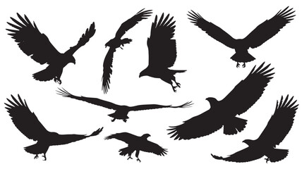 Flying eagle silhouettes for wildlife symbol and bird logo design, isolated vector icons