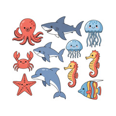 A charming bundle of adorable underwater wildlife characters, including various colorful fish, a happy octopus, and a sea turtle, presented in a clean 2D flat vector style isolated on white.