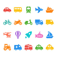 Public and Private Transportation Icon Set: Vehicles, Travel, and Urban Mobility Symbols in Flat Vector Design