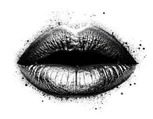 A stylized black and white image, metallic lips framed by a splatter effect against a stark background