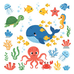 A charming collection of cute ocean life creatures, including whales, turtles, octopuses, and colorful fish, rendered in a clean 2D flat illustration style on a pure white background.