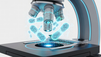 Microscopic view of glowing bacteria under a futuristic digital microscope, showcasing scientific research and innovation