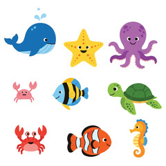 A cheerful collection of cute marine creatures in 2D flat style vector illustration, featuring adorable fish, smiling octopus, and vibrant sea turtle on a clean white background.